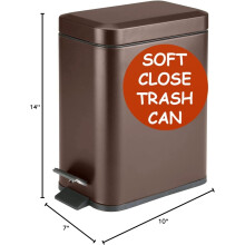 Slanke bronzen prullenbak van 1,6 gallon met soft-close systeem, anti-zak binnenzak en deksel, geschikt voor badkamer, keuken en slaapkamer.