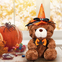 Osito de peluche de Halloween para decoración – Oso festivo suave y acogedor con sombrero y pajarita, material de terciopelo, para decoración del