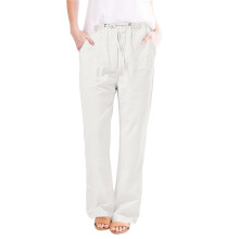 Calça Cargo Feminina Casual em Algodão e Cânhamo com Cordão, Cor Sólida, Ideal para Praia, Tamanhos Grandes, Branca (2X)