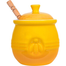 Farmhouse Embossed Stoneware Honey Pot with Wood Honey Dipper, Amber Orange