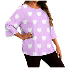 Damen-Top in Übergröße mit Herzprint, Dreiviertelärmeln und Rundhalsausschnitt, süßes, romantisches Design, weich und ideal für Alltag und