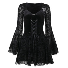 Vintage Mörk Flockad Långärmad Klänning för Dam Flickor Gotiska Bodycon Klänningar Elegant Slim Fit Lång Kjol