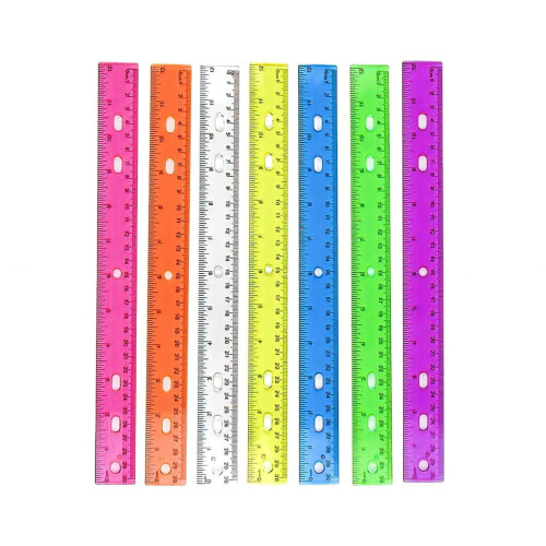Régua transparente e colorida de 30 cm (12 polegadas) com escala em polegadas e centímetros, ideal para matemática, com furos para desenho, para