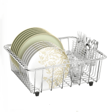 Égouttoir à vaisselle pour évier, acier inoxydable 304, réglable (380-522 mm), porte-couverts, peut contenir jusqu'à 13 assiettes verticales.