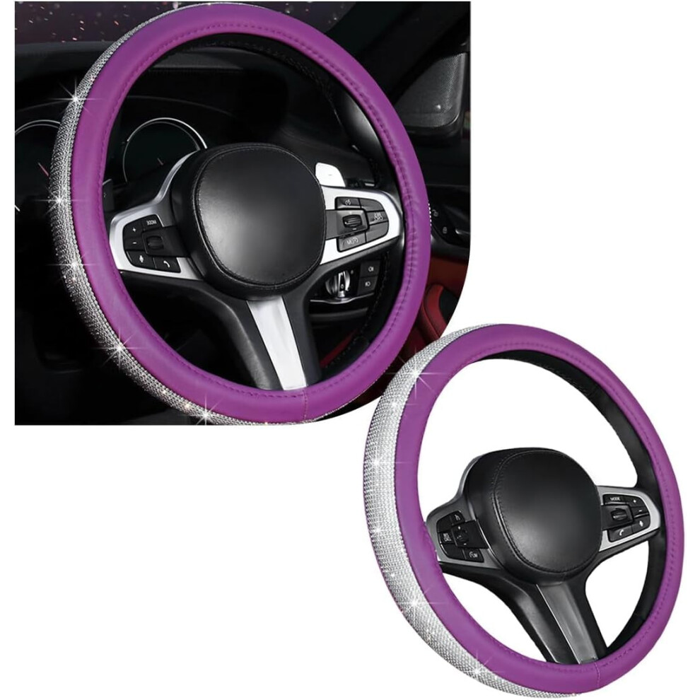 Bling Crystal Rhinestone Steering Wheel Cover, Anti-Slip, Compatible With 15" Wheels, Universal Car Accessory (+Purple) White/Purple 9027700960008