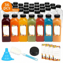 16oz Clear PET Juice Bottles with Lids (36 Pack)
