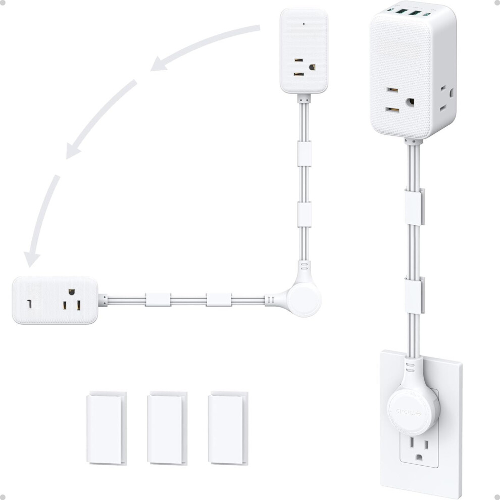360 Rotating Electrical Outlet Extender With 3 Ac Outlets, 20W Usb-C, 18In Cord, Compatible With Hard-To-Reach Spaces Behind Couches/Desks, White 9399596533834