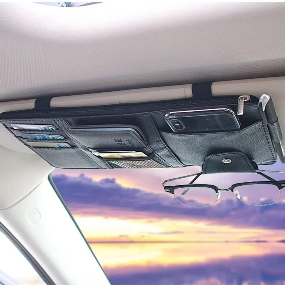 Pu Leather Car Sun Visor Organizer Bag, Vehicle-Mounted Pu Leather Sun Visor Storage Accessory For Cards Sunglasses Driving Documents 9422877319145