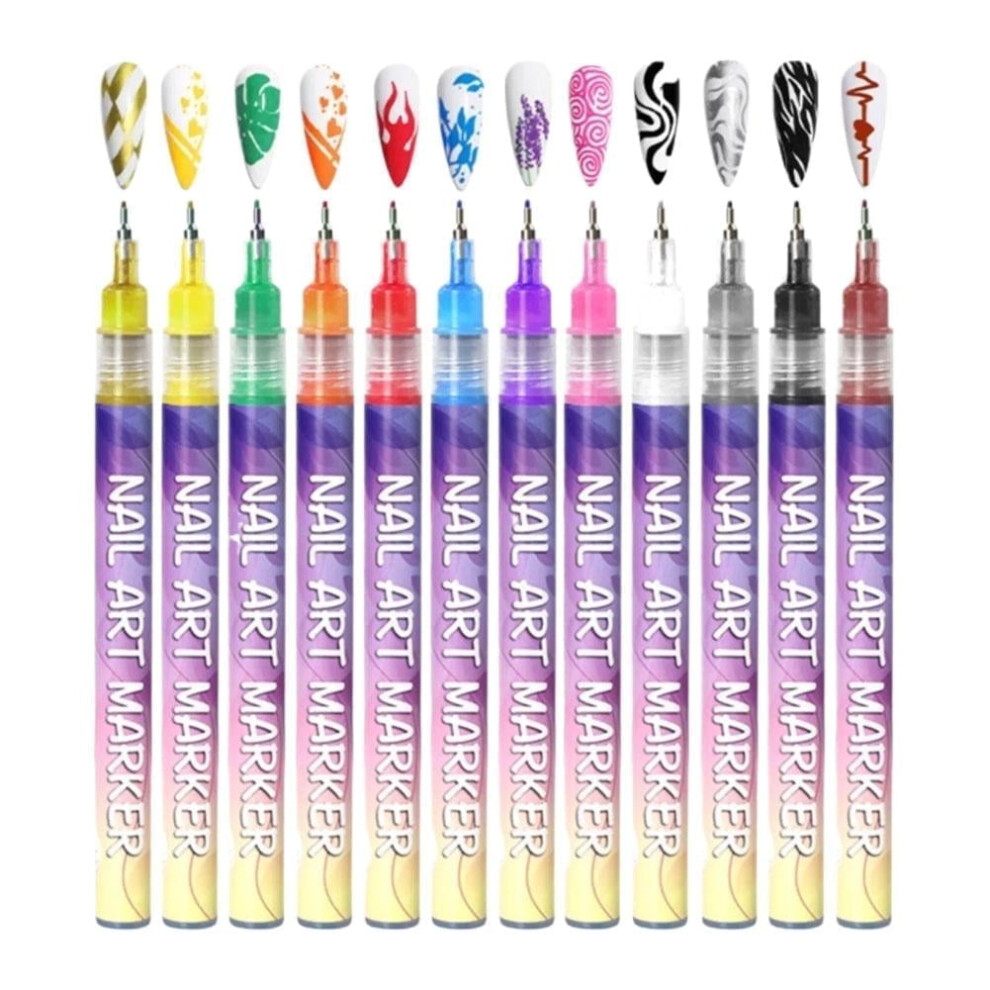 Nail Art Pens 12 Colors, 0.5mm Fine Tip Nail Marker for Dotting & Drawing, Quick-Dry Nail Painting Pen for Home and Salon Use