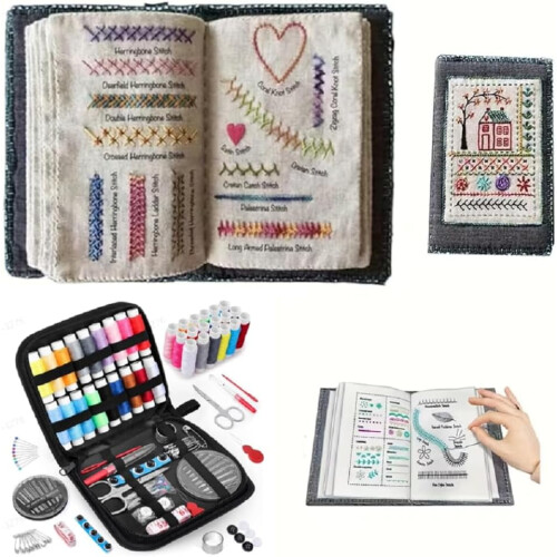 Kit per ricamo con strumenti e tessuto di lino