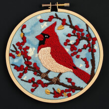 DIY Punch Needle Kit: Red Cardinal on Berry Tree – Easy for Beginners, Stamped Pattern, Hoop Included – Craft & Home Decor