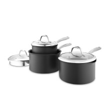 Good Food in Partnership with Tower Hard Anodised 3 Piece Saucepan Set with 16cm, 18cm & 20cm Saucepans with Tempered Glass Lids, Grey GF900252