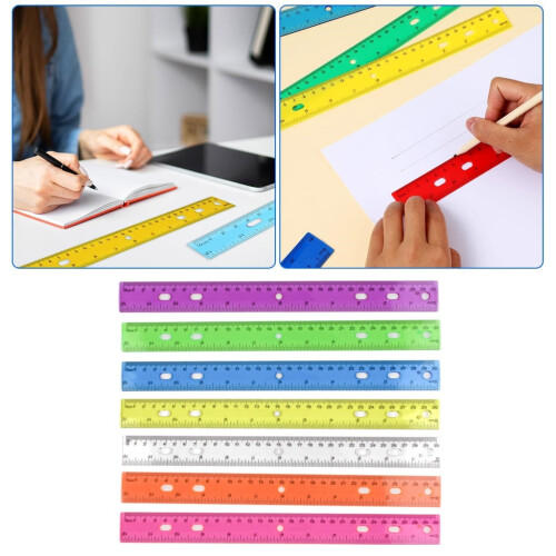 Régua transparente e colorida de 30 cm (12 polegadas) com escala em polegadas e centímetros, ideal para matemática, com furos para desenho, para 1