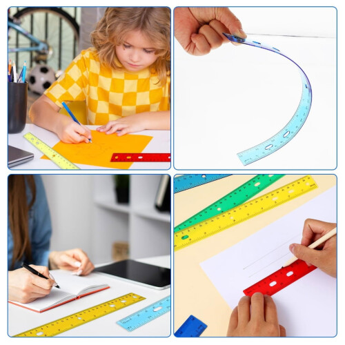 Régua transparente e colorida de 30 cm (12 polegadas) com escala em polegadas e centímetros, ideal para matemática, com furos para desenho, para 2