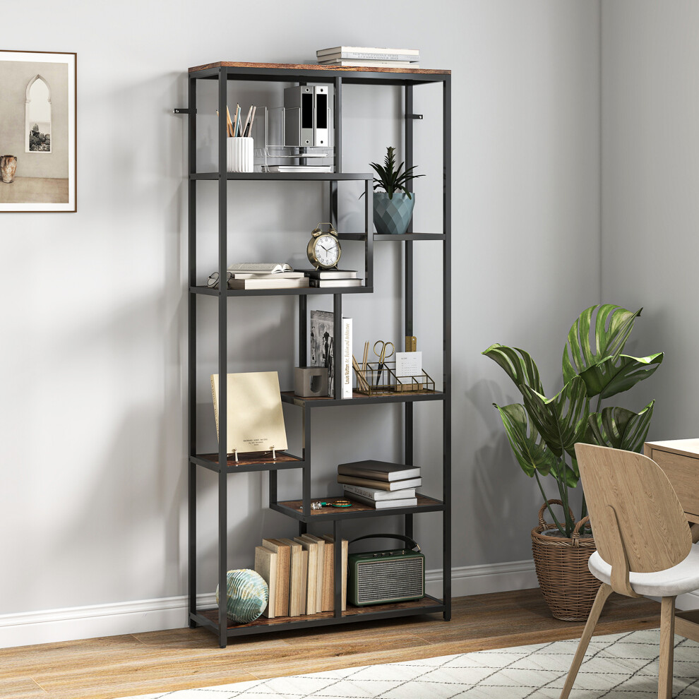Homcom Industrial Bookcase 7-Tier Bookshelf Shelving Unit Rustic Brown Black Black,Brown