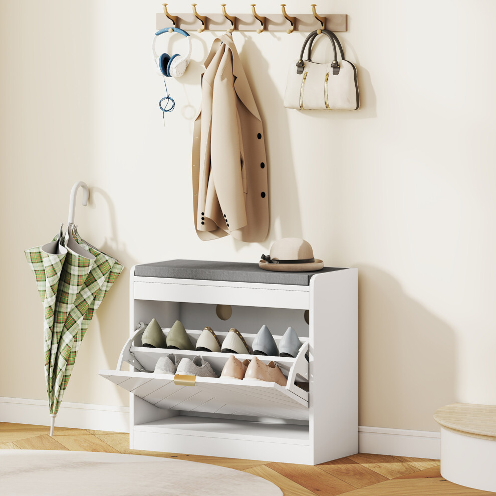 Homcom Shoe Bench With 1 Flip Drawer, Cushion, 5 Pairs For Entryway White