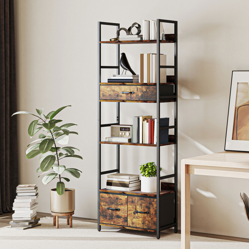 Homcom Industrial Bookshelf With 4 Shelves And 3 Fabric Drawers Rustic Brown