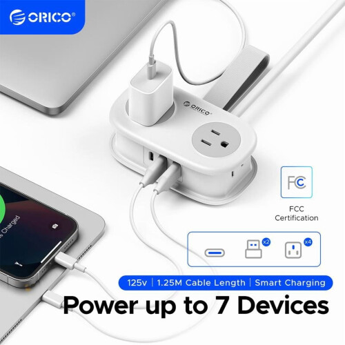 Πολύπριζο ταξιδιού ORICO: 4 πρίζες + 3 USB (1USB-C), καλώδιο 4 ποδιών, εγκεκριμένο για compact 1