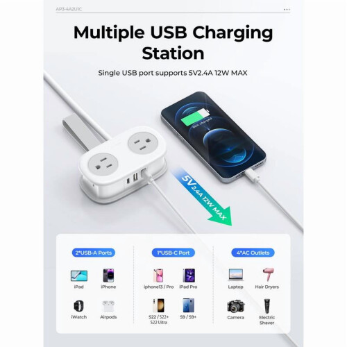 Πολύπριζο ταξιδιού ORICO: 4 πρίζες + 3 USB (1USB-C), καλώδιο 4 ποδιών, εγκεκριμένο για compact 2