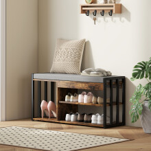 HOMCOM Upholstered Entryway Shoe Bench with Storage Shelves, Rustic Brown