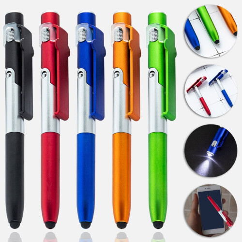 Set di 5 penne a sfera multifunzione con stilo, luce LED e supporto per telefono. 1