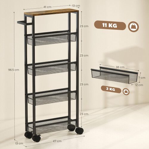 Homcom HOMCOM Rolling Kitchen Trolley, Slim Storage Cart with Metal Frame, Handle 2