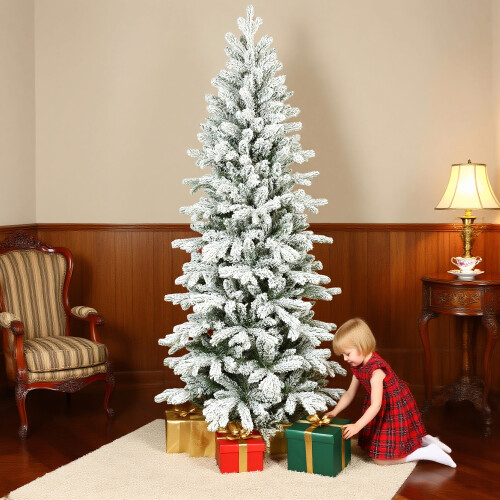 Homcom HOMCOM 6ft Pencil Christmas Tree with Snow, Realistic Tips, Easy Assembly 1