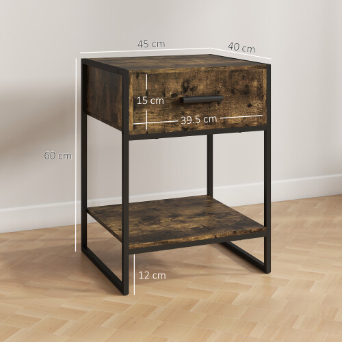 Homcom HOMCOM Modern Bedside Table, Nightstand with Drawer Shelf Rustic Brown 2
