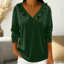 Blusa feminina casual, solta, de cor sólida, com decote em V franzido, manga longa, ideal para uso diário no outono e inverno. Confeccionada em