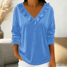 Blusa feminina casual, solta, de cor sólida, com decote em V franzido, manga longa, ideal para uso diário no outono e inverno. Confeccionada em