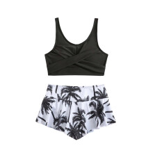 Piger badedragt, todelt badedragt med høj talje, flæsetop og badeshorts, UPF50, solbeskyttelse til børn, børnebadedragter, sort, 5-6 år