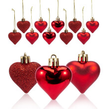 Valentine's Day Heart Ornaments 36pcs Heart Shaped Baubles Hanging Decorations for Christmas Tree Wedding Anniversary Party Decor, Red