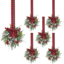 Conjunto de 6 Mini Coroas de Natal para Armários de Cozinha, Pinheiro Norfolk Artificial com Frutos Vermelhos e Laço, Guirlandas Decorativas para