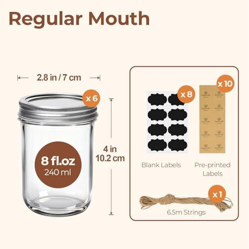 Μικρά βάζα Mason 8oz, 6 τεμάχια, κανονικά γυάλινα βάζα κονσερβοποίησης με καπάκια και 1