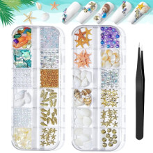 2 caixas de decorações de unhas com tema marítimo - 12 estilos de pingentes de conchas, estrelas-do-mar e búzios - Strass e tachas brilhantes -