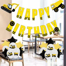 OULII25Pcs Juego de globos para fiesta de cumpleaños con estampado de camión excavadora en película de aluminio amarilla