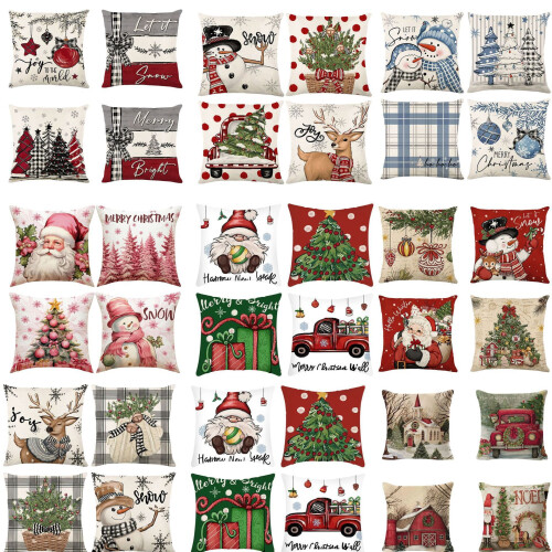 Conjunto de 4 capas de almofada natalinas – Flocos de neve e renas em linho, sem enchimento, compatíveis com almofadas padrão. 1