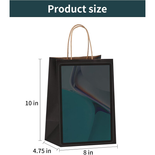 Sacolas de presente de papel kraft preto tamanho médio, 8x4,75x10 polegadas (50 unidades) 1