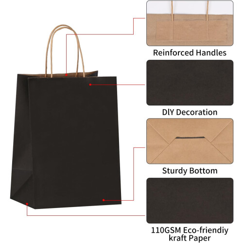 Sacolas de presente de papel kraft preto tamanho médio, 8x4,75x10 polegadas (50 unidades) 2