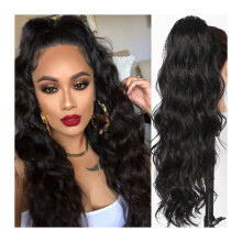 Body Wave para mujer, cola de caballo larga ondulada, cabello humano, postizo con cordón y clip, extensión de cabello negro ondulado, cola de