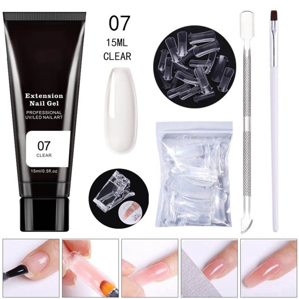 Nail Care Poly Extension Gel Nail Kit, Clear Builder Jelly Gel Nude Poly Nail Enhancement Trial French Kit with Mini Nail 15ml