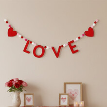 Guirnalda de cuentas de madera con forma de corazón rosa intenso, 2,2 m "I LOVE U", decoración de pared/repisa/puerta de estilo rústico, Día de
