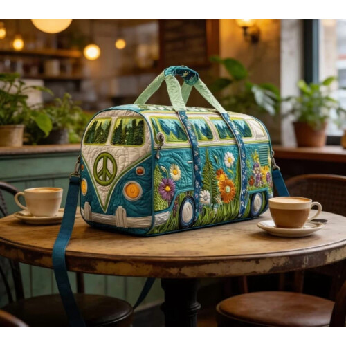Bolsa de viagem acolchoada Hippie Van – Estilo retrô patchwork, 45 cm, bolsa boho para academia/ioga/viagem (2026) 2