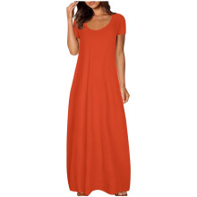 Plus Size Enfärgad Klänning för Dam - Sexig Rund Hals Kortärmad Långklänning med Fickor, Snygg Avslappnad Lös Passform för Vardagliga