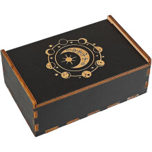 Caja de madera para guardar cartas de tarot con tapa deslizante, diseño de fases lunares negras – 3,5 x 5,4 x 2 pulgadas, compatible con cartas de