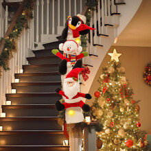 Christmas Stair Railing Decor: 59" Santa, Snowman & Penguin Slide Set with LED Lights – Compatible with Home Banisters