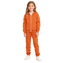 Mädchen 2-teiliges Trainingsanzug-Set: Kapuzenpullover mit Reißverschluss + Jogginghose, Orange, 9-10 Jahre, Herbst-/Winter-Spielbekleidung —