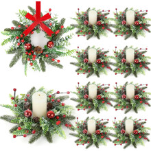 Mini Coroas de Velas de Buxo Verde, Suporte para Vela Pilar de 7,6 cm para Casamento, Casa, Porta, Decoração de Mesa – Bola Vermelha (8 peças),