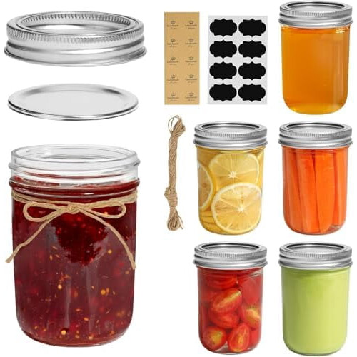 Μικρά βάζα Mason 8oz, 6 τεμάχια, κανονικά γυάλινα βάζα κονσερβοποίησης με καπάκια και