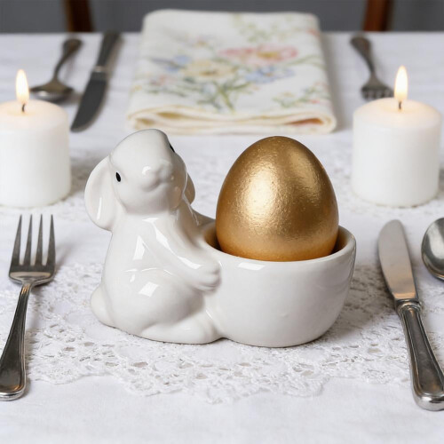 Ceramic Bunny Shaped Novelty Egg Cup, Soft Boiled Egg Holder, Single Rabbit Egg Stand for Tabletop Counter Dorm Kitchen Easter Decoration 2